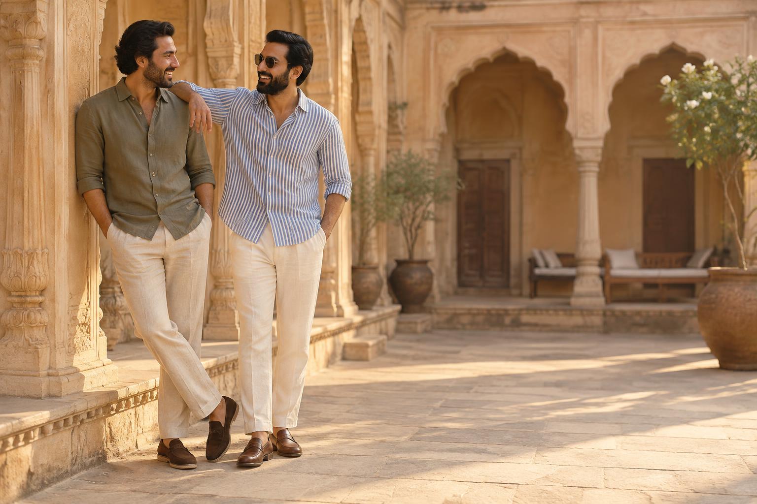 Two men in NU linen shirts — one olive green, one blue-striped — with linen trousers, in a heritage Indian courtyard
